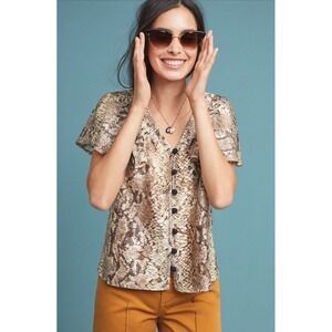 ANTHROPOLOGIE Eva Franco New SMALL Top Willow Snake Print Blouse‎ Flutter Sleeve